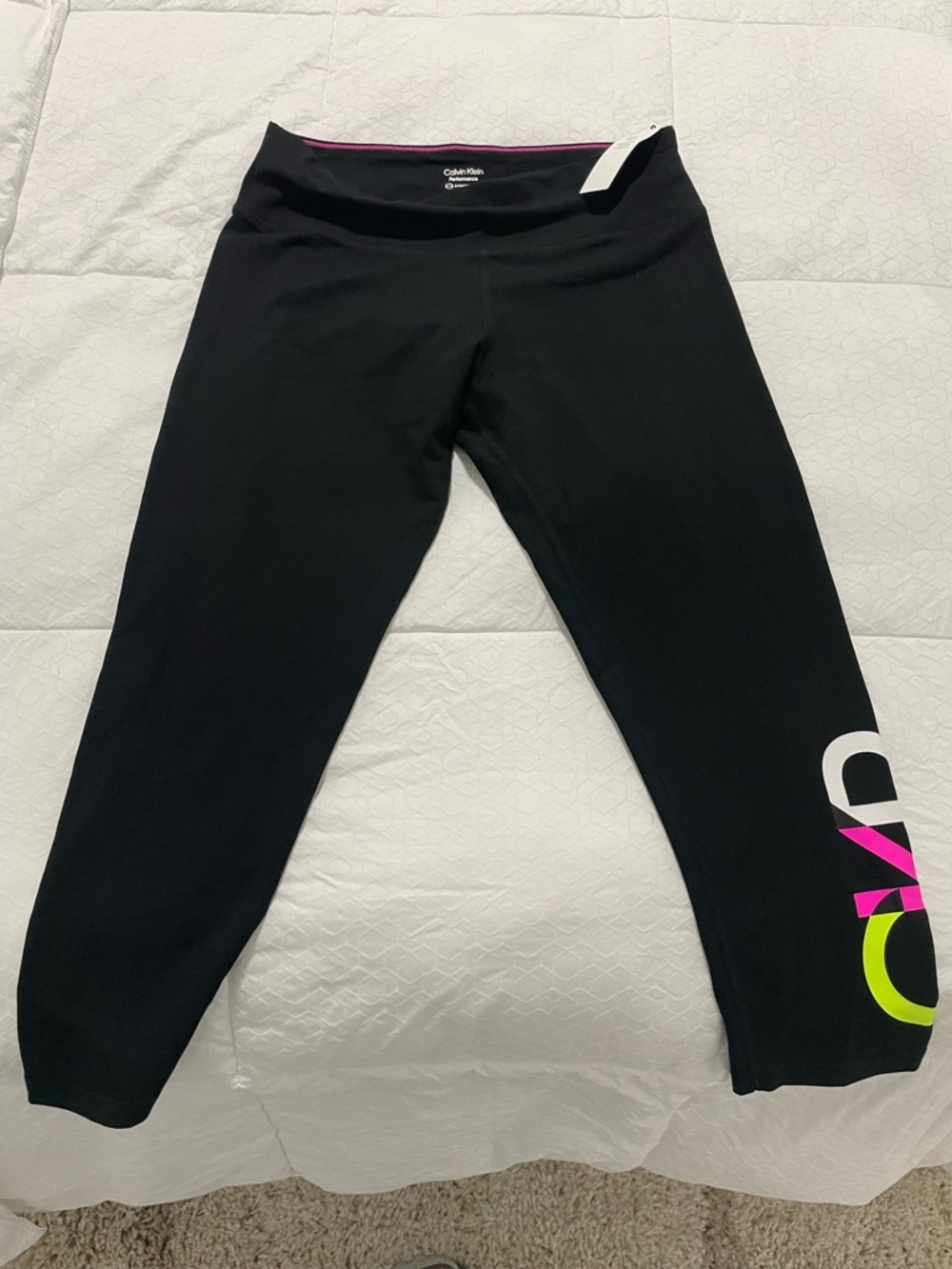 Calvin Klein Black Capri Leggings with Neon Pink & Neon Yellow Logo Accent